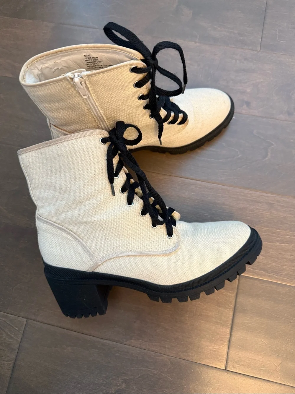 Rachel Canvas Lace-Up Ankle Boots in Cream with Black Accents, women’s, chunky,